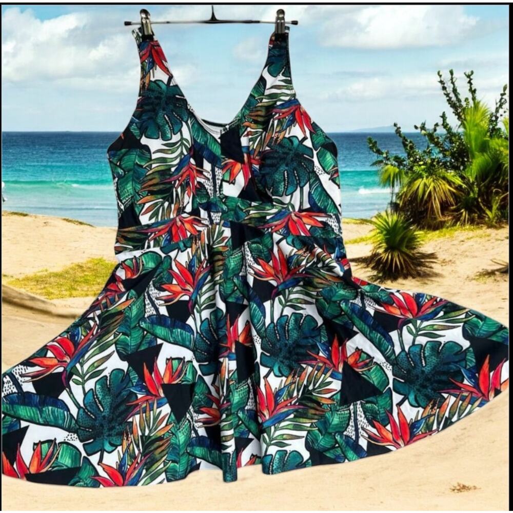 NWOT Rosegal Tropical Leaves‎ Plus Size Green Red and Blue Print Swim Dress 2X